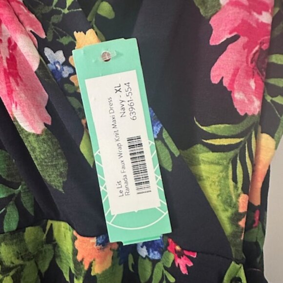 Brand New Le Lis Faux Wrap Knit Maxi Dress in Navy and Floral  - XL with Tag - Picture 5 of 6